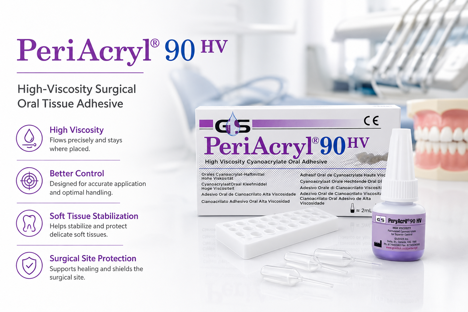 Periacryl 90 HV surgical oral tissue adhesive for soft tissue bonding and dental surgery