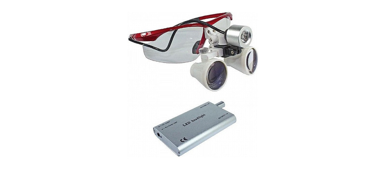 Surgical loupes at 3.5x magnification supplied with a mounted LED headlight