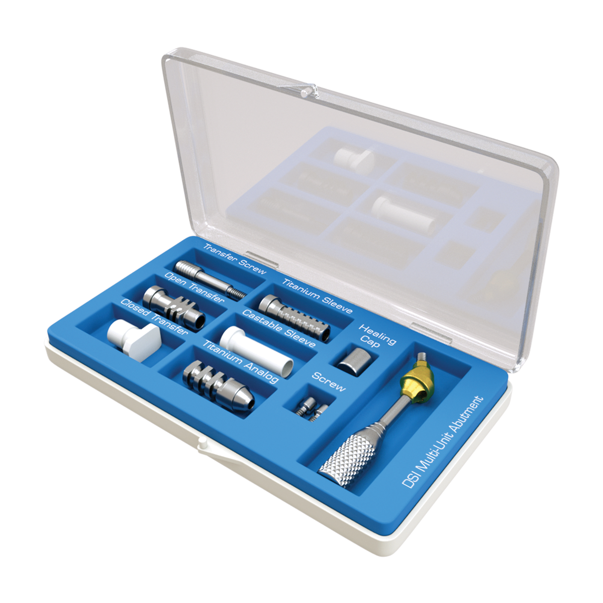 Straight and angulated Multi-Unit M1.6 abutments and analogs for conical connection implants.
