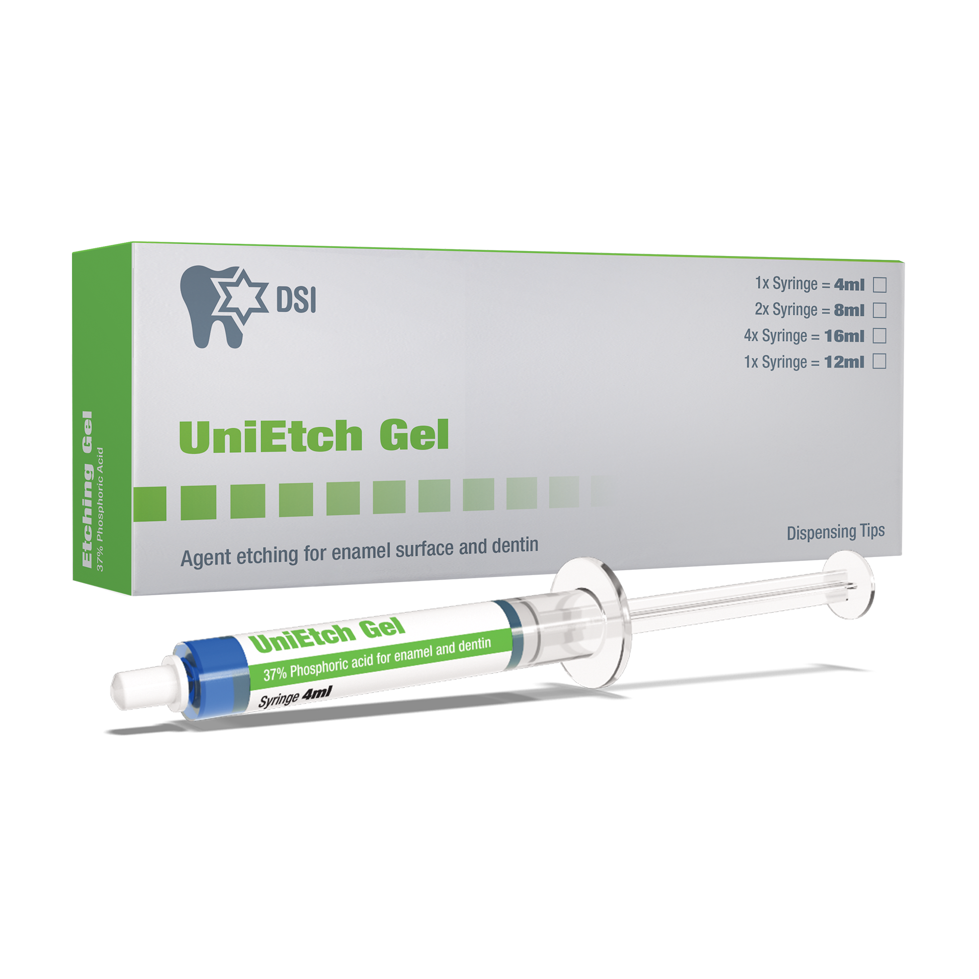 Etching gel syringe offering a large variety of etchants and conditioners for reliable adhesive bonding.