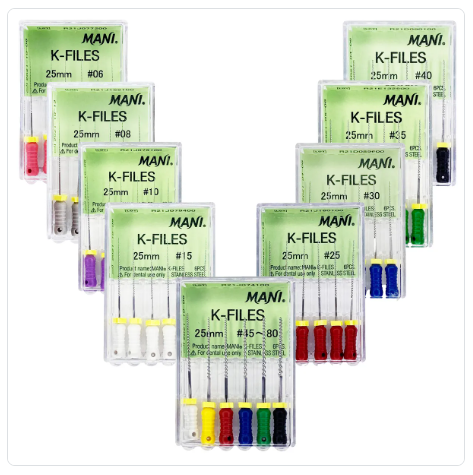 Stainless steel K-Files for manual root canal preparation, part of DIP Dental's huge inventory of endodontic hand instruments.