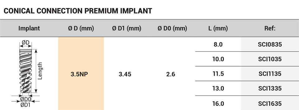 DSI Premium Spiral Implant NP Platform 3.5mm - Nobel Active® Compatible Conical Connection