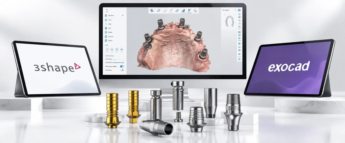 dip dental CAD/CAM library files for 3Shape and exocad, shown with titanium bases, scan bodies and abutments