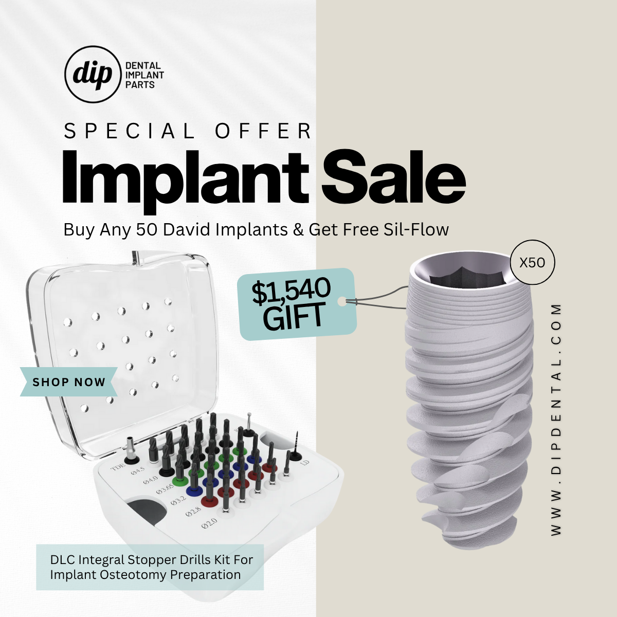 50 X David EVI Spiral Implant - Internal Hex > Special Offer / FREE DLC Drills Kit