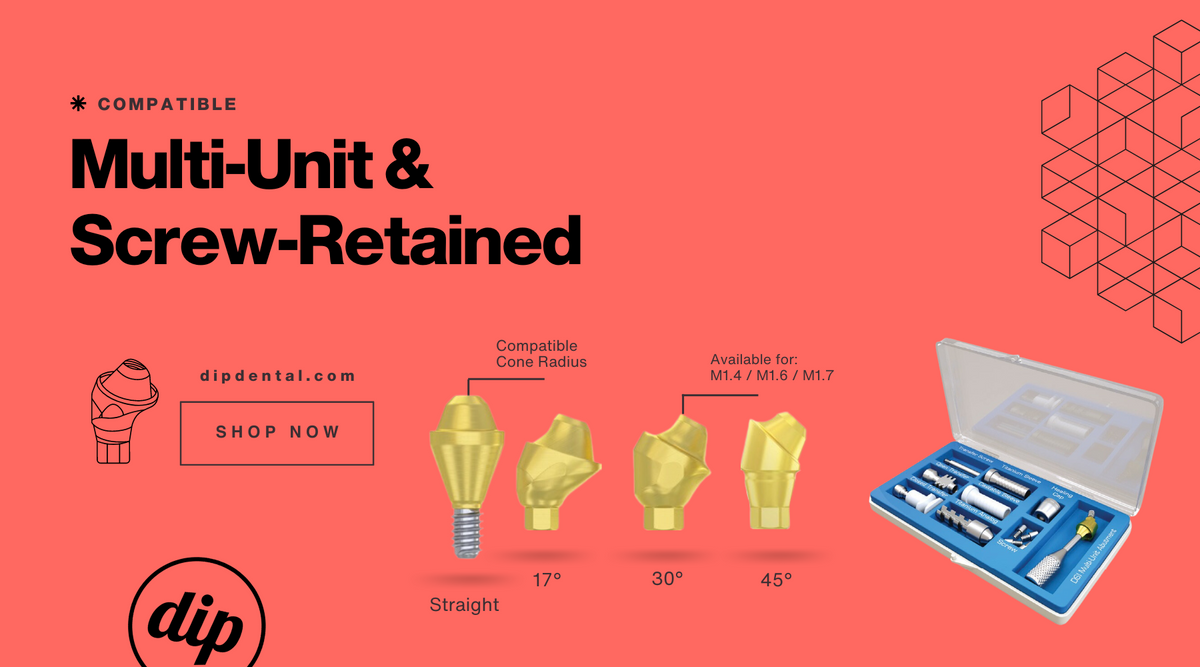 Compatible multi-unit screw-retained abutments from dip dental in straight, 17, 30 and 45 degree corrections for M1.4, M1.6 and M1.7 threads