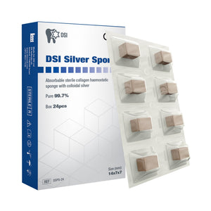 Sterile gelatin sponge cubes with colloidal silver for hemostasis, part of DIP Dental's huge inventory of oral surgery materials.