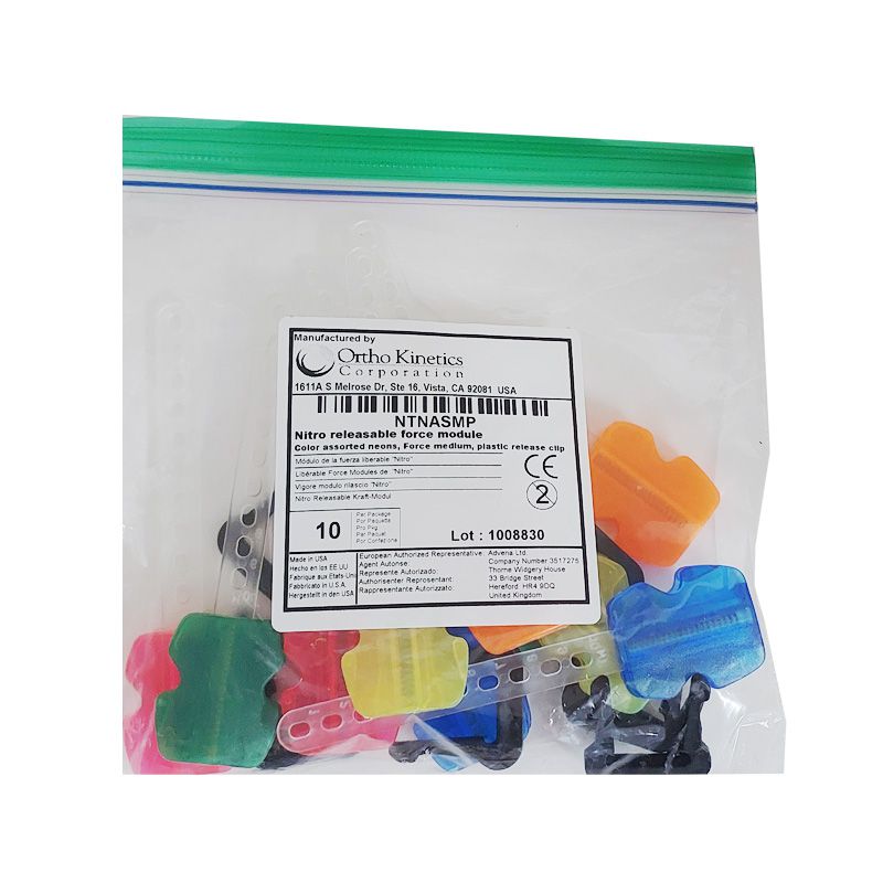 Assorted colored high-pull headgear force modules with safety release clip