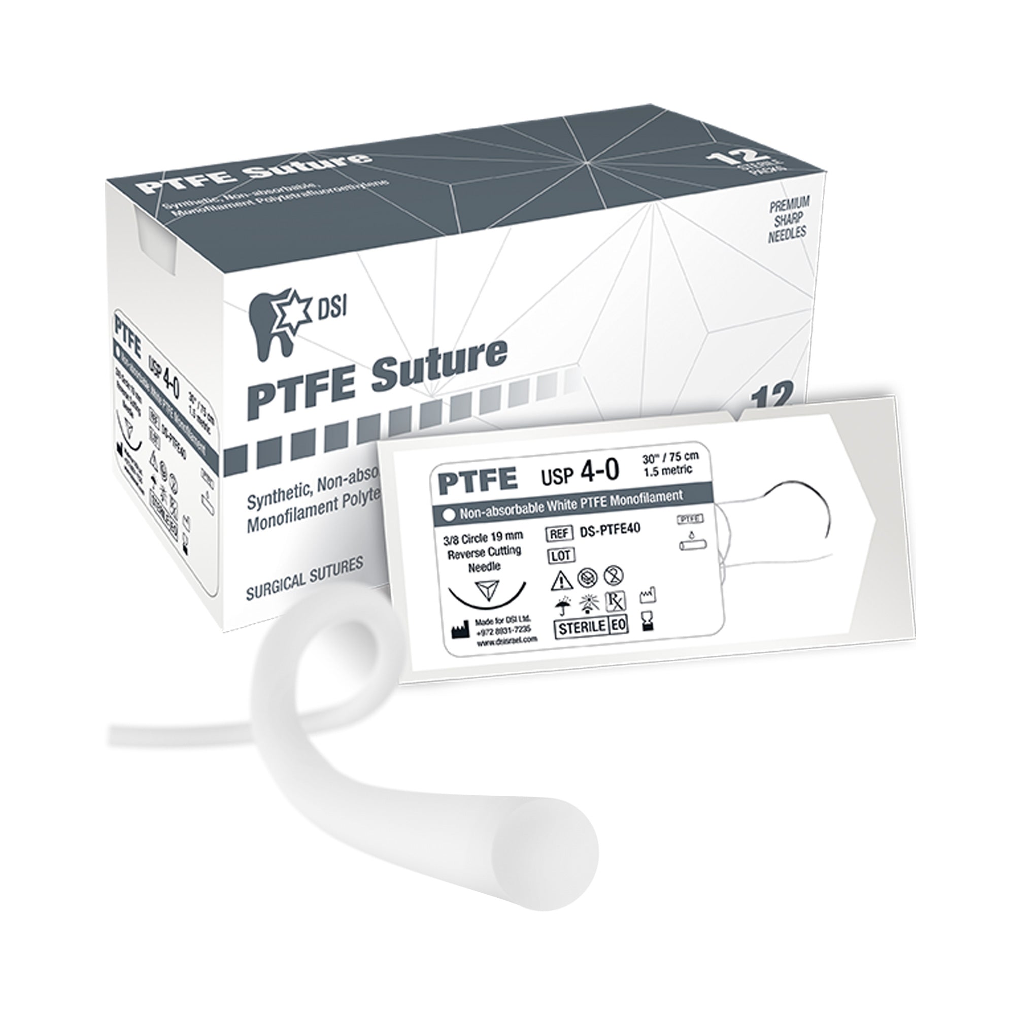 DSI PTFE Non-Resorbable (Teflon®) Surgical Sutures 75cm 12pcs Pack