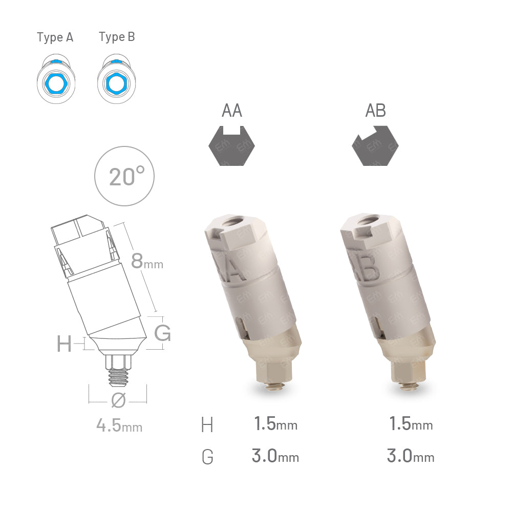 DIP Internal Hex Ø2.42mm Sirona® CEREC compatible 20° angled scan body (scan post), Type A and Type B, GH 1.5mm, RP 3.5 Platform