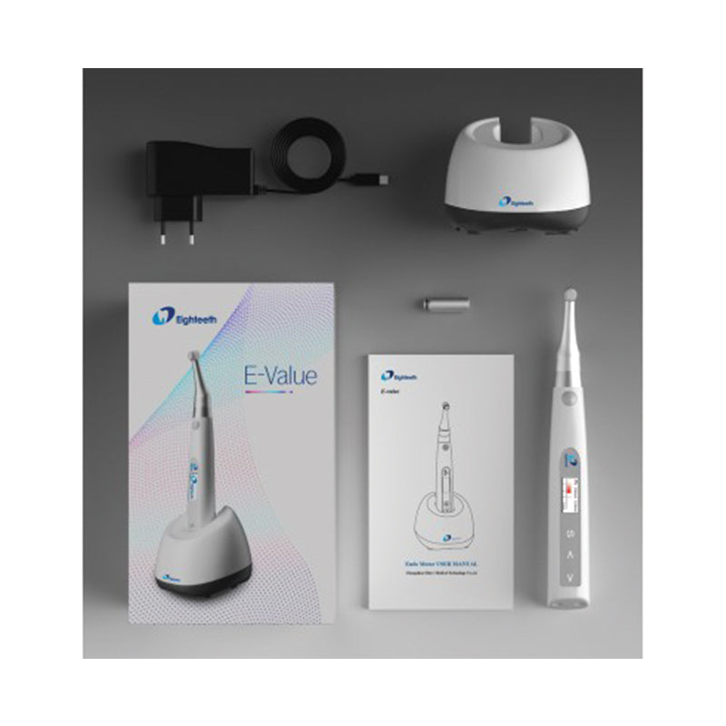 Eighteeth E-Value endo motor kit with charging base, power adapter and manuals