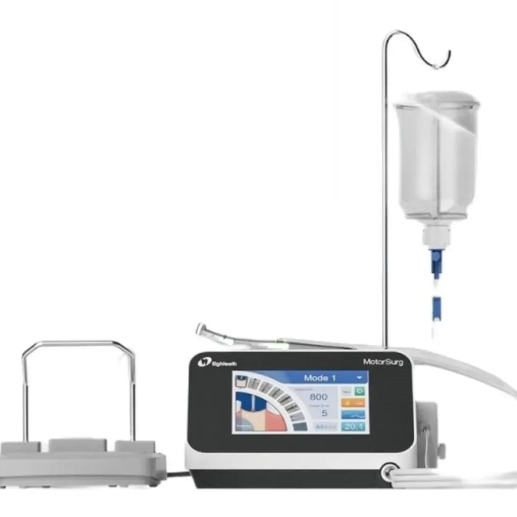 Eighteeth MotorSurg implant motor with foot pedal, irrigation bottle and contra-angle