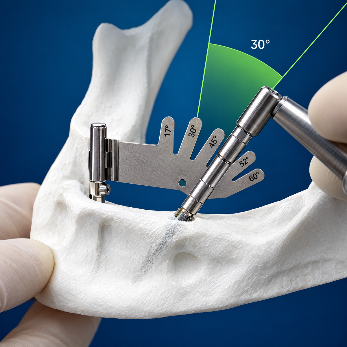 JD ZAPA Tool JDID102 on a jaw model, connected to a tilted implant, with the 30° multi-unit angle highlighted