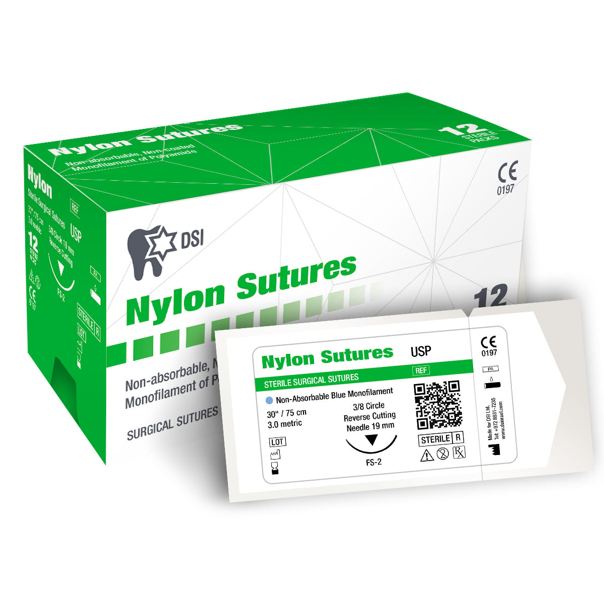 DIP Nylon Monofilament Non-resorbable Surgical Sutures 75cm 12pcs pack