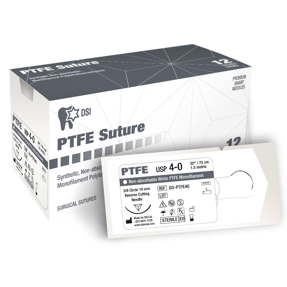 DIP PTFE Non-Resorbable (Teflon®) Surgical Sutures 75cm 12pcs Pack