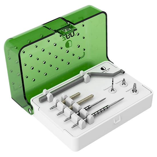 Z-GO Guide Surgical Kit JDKIT05 by JDentalCare, white tray with zygomatic drills and drivers and a green lid